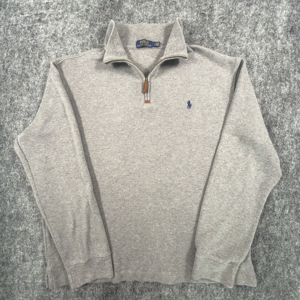 Polo Ralph Lauren Pullover Mens Large Gray Rib Knit Quarter Zip Embroidered Pony